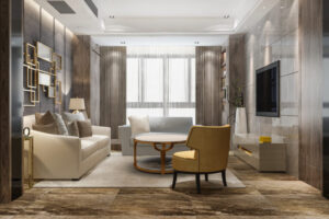3d rendering luxury and modern living room with fabric sofa